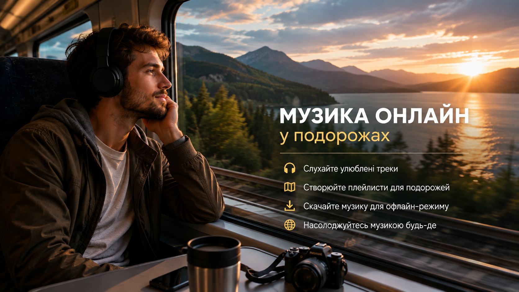 Мандрівник слухає музику онлайн у бездротових навушниках під час подорожі поїздом